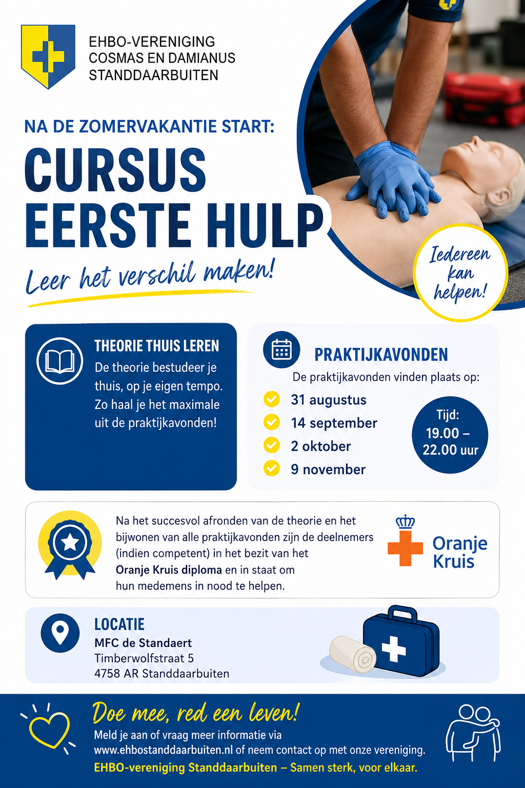 Blauw-witte flyer voor een gratis EHBO-cursus, met een hand die met handschoenen een pols verbindt en details over de cursus.