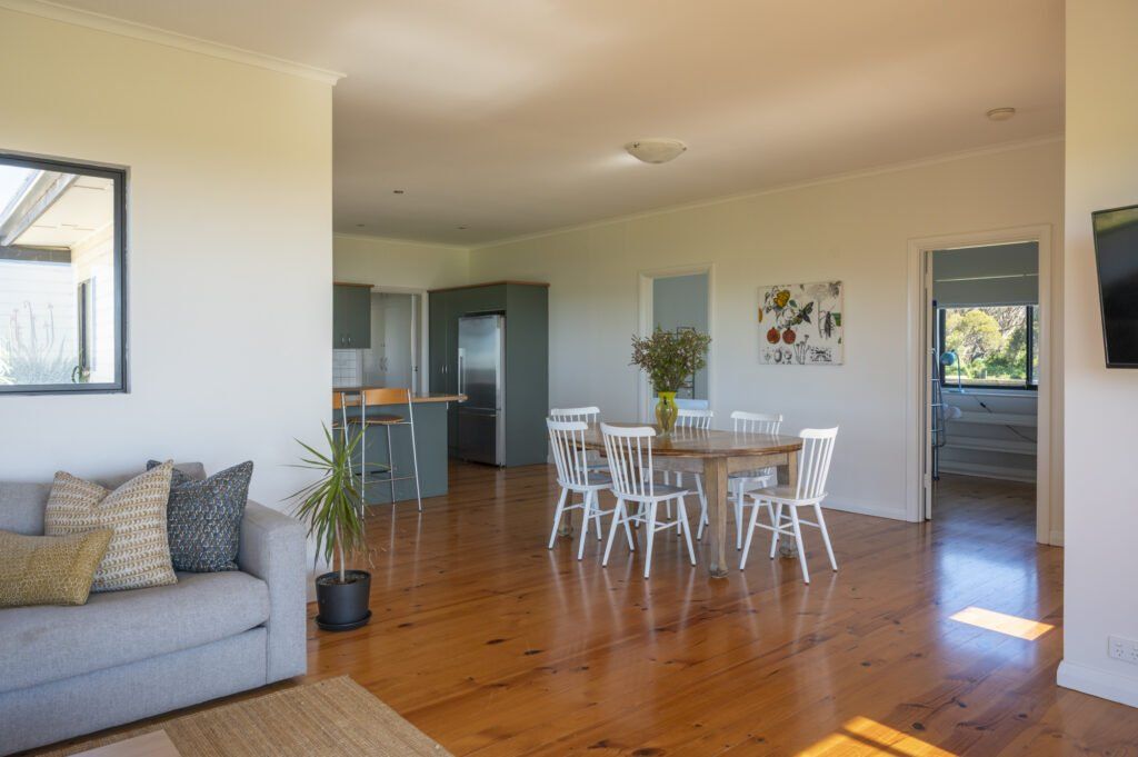 Kitchen and dining in self contained accommodation on Kangaroo Island