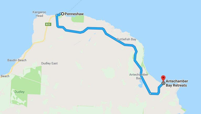 Google Map from Penneshaw to Antechamber Bay Retreats Kangaroo Island