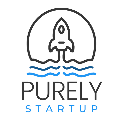 The logo for purely startup shows a rocket flying through the air.