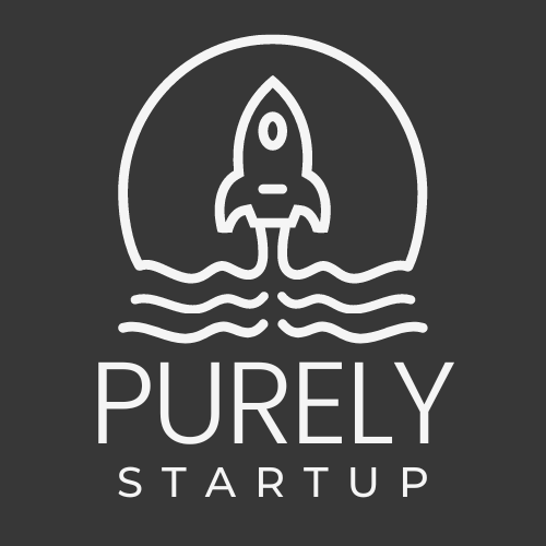 A logo for purely startup with a rocket flying through the air