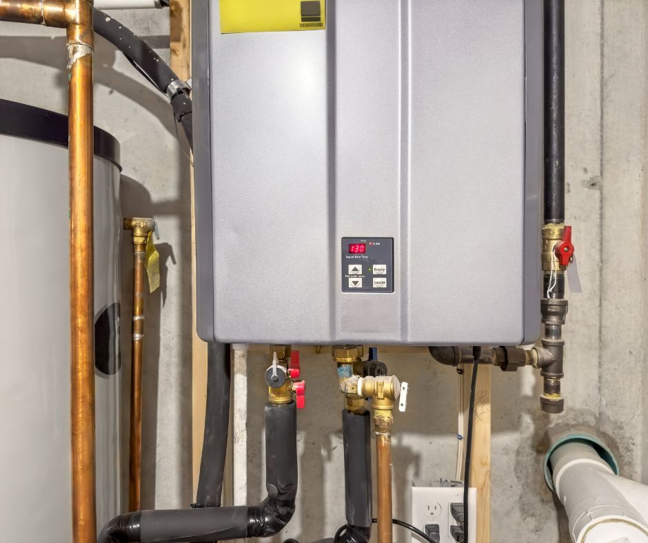 A water heater is connected to a water tank in a basement.