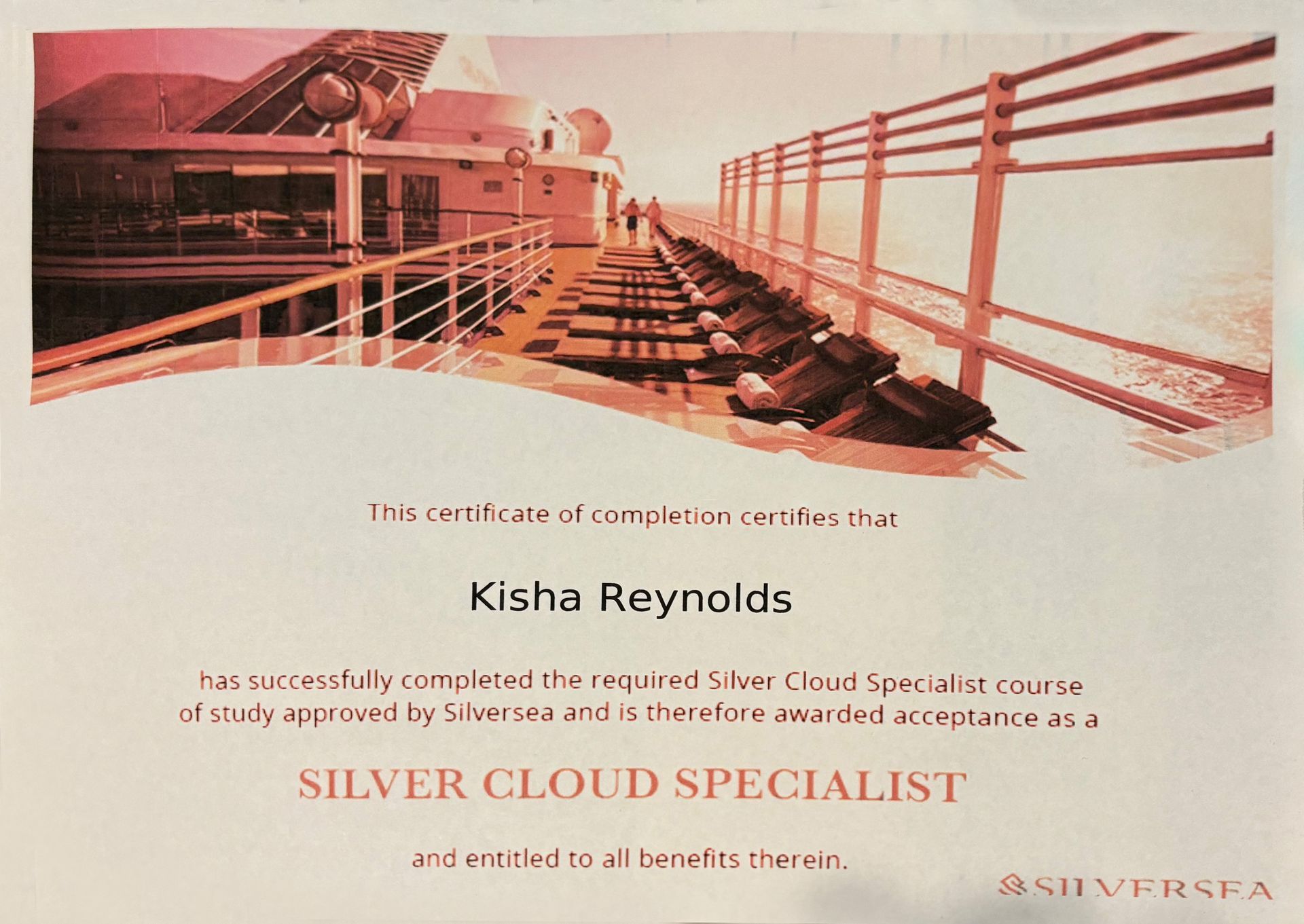 A certificate that says silver cloud specialist on it