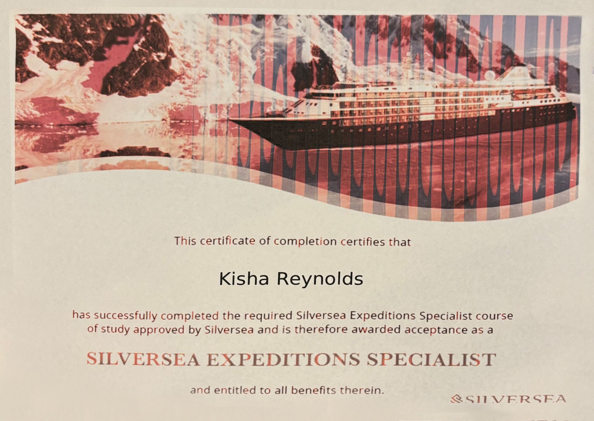 A certificate that says silversea expeditions specialist on it