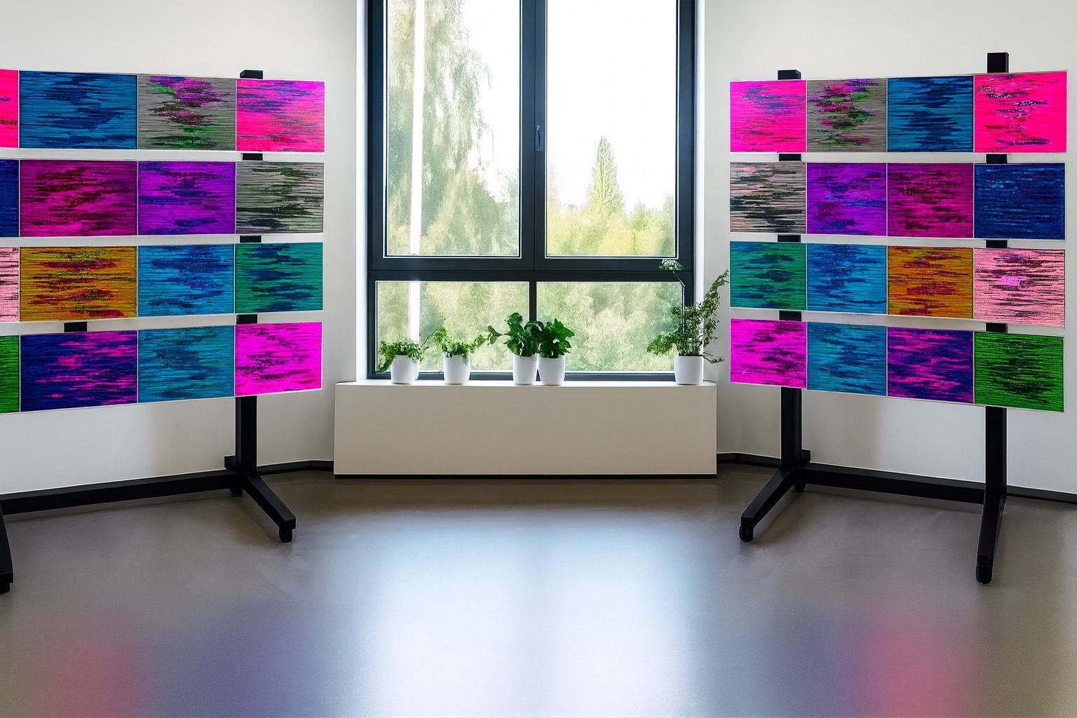 Twee displaystands met kleurrijke, abstracte kunstpanelen flankeren een raam met planten.