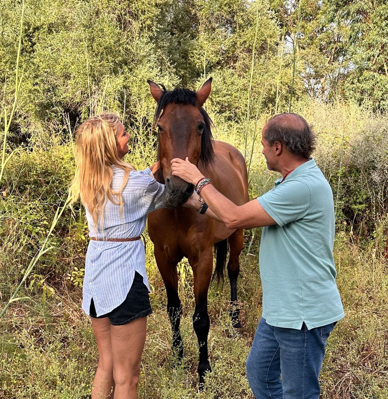 Een vrouw en een man raken zachtjes een bruin paard aan in een grasveld.
