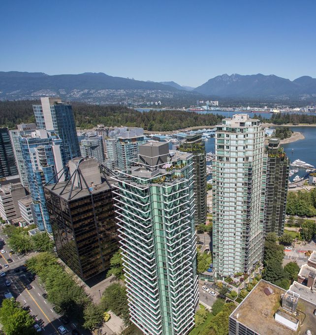 Several apartment buildings in Downtown Vancouver on a sunny day
