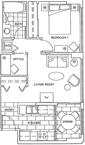 a typical floor plan of a 602 square feet of a bedroom and office apartment