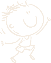 Happy stick figure child with arms up, smiling.