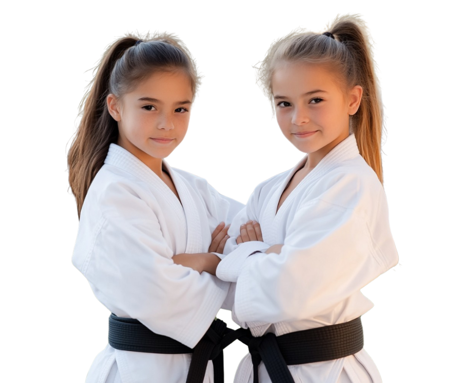 A woman in a white karate uniform is making a fist in the air.