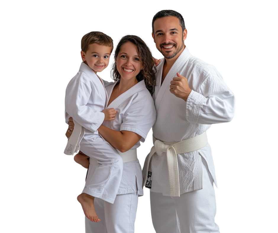 A man a woman and a child are practicing karate