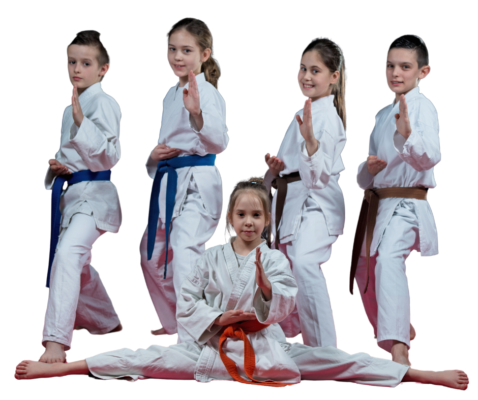 A group of young children are practicing karate on a black background.