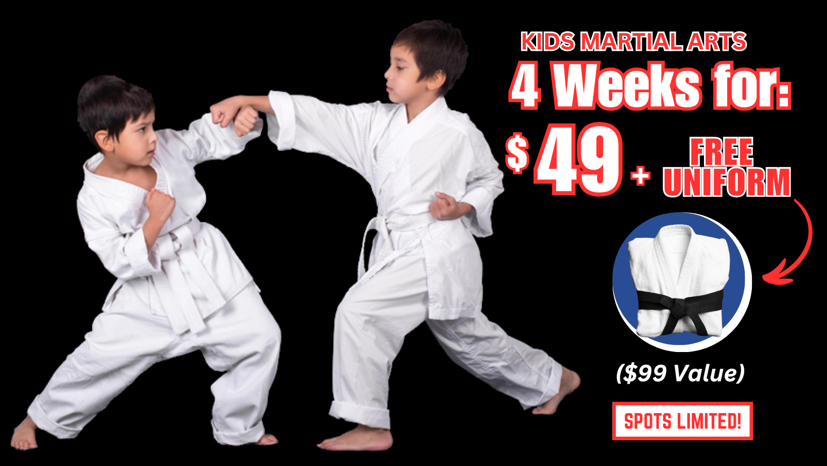 Two young boys are practicing martial arts for $ 49