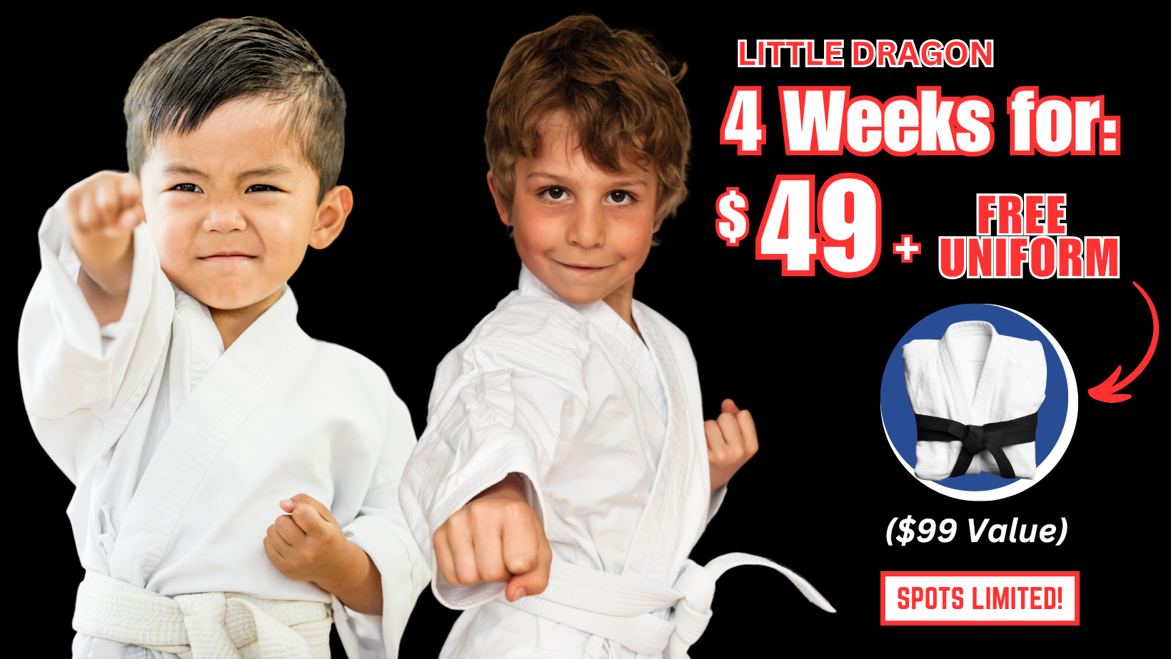 Two young boys are practicing martial arts for $ 49