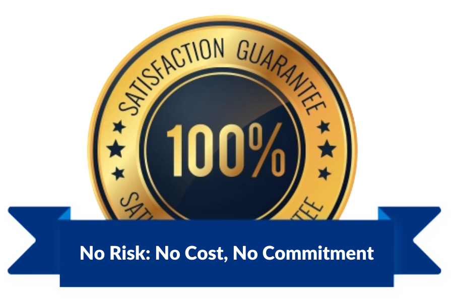 A 100 % satisfaction guarantee badge with a blue ribbon