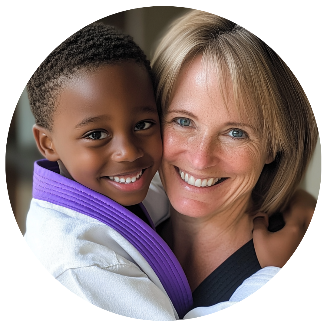 A woman is holding a child who is wearing a purple belt