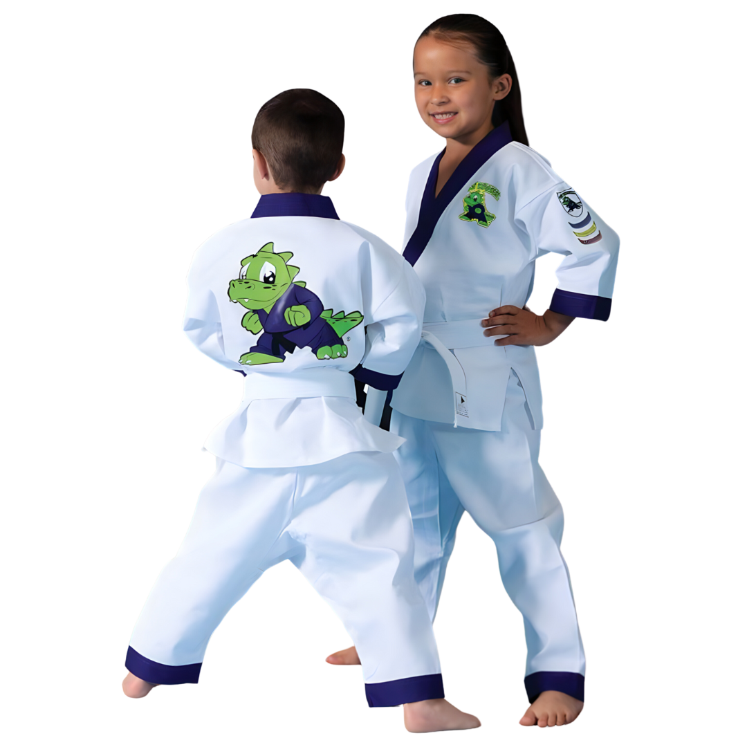 A boy and a girl are standing next to each other in karate uniforms