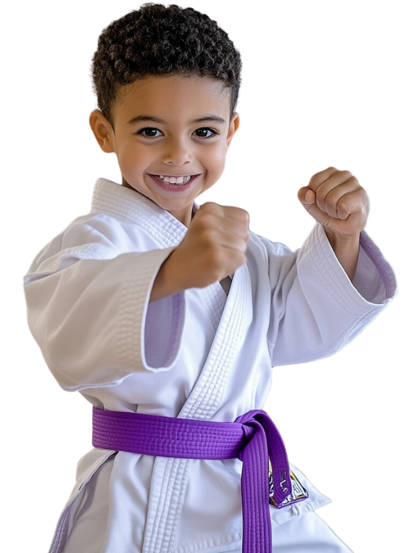 Child in white karate uniform give pose of punching