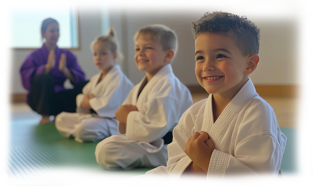 A group of young children are sitting on a mat in a karate class