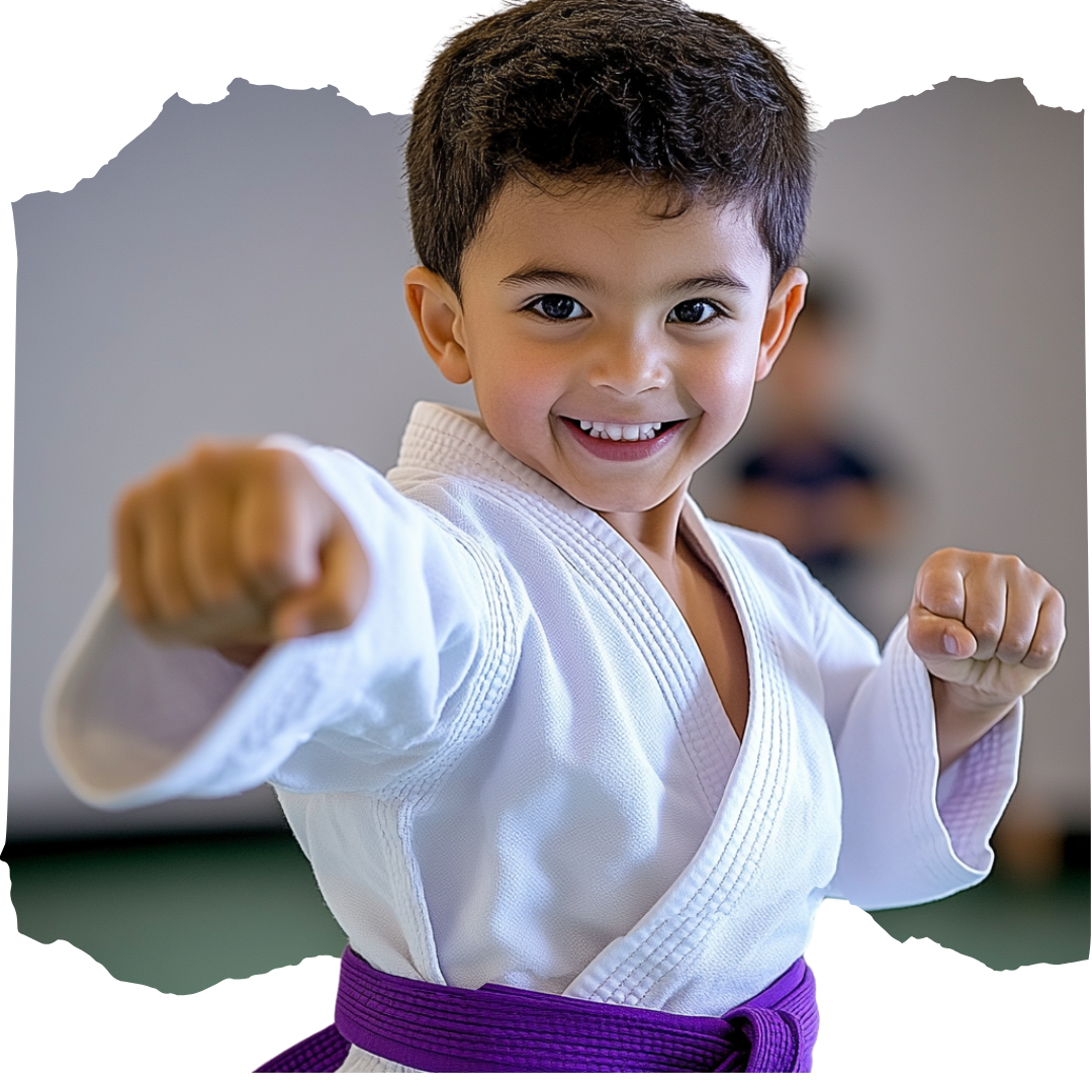 A young boy is wearing a white karate uniform and a purple belt.