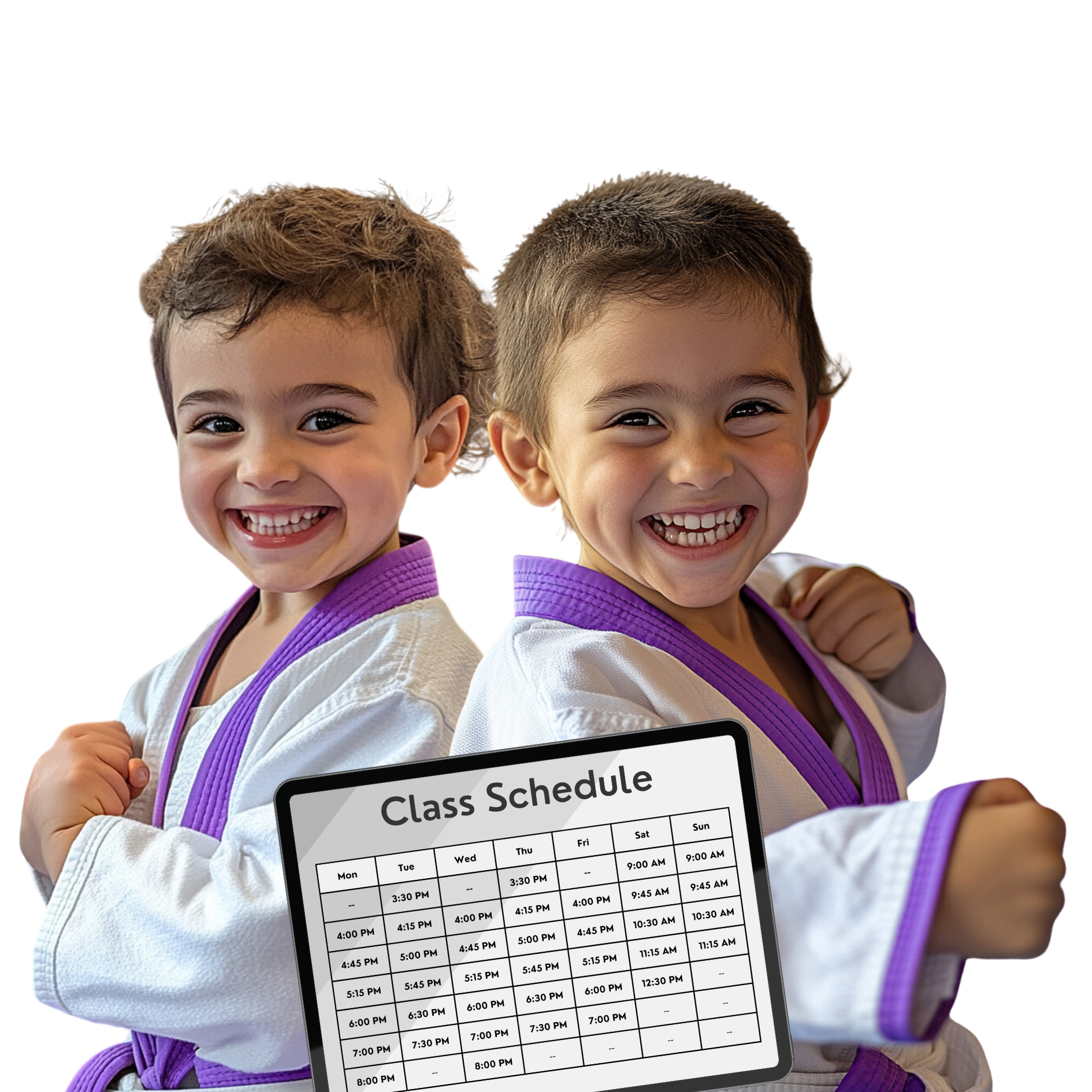 a young boy and a girl wearing karate uniforms are standing back to back and smiling
