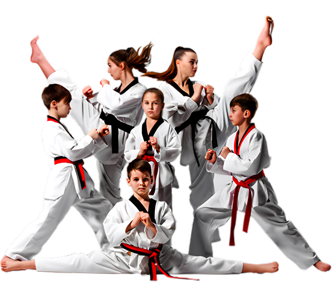 A group of young people are practicing karate together.