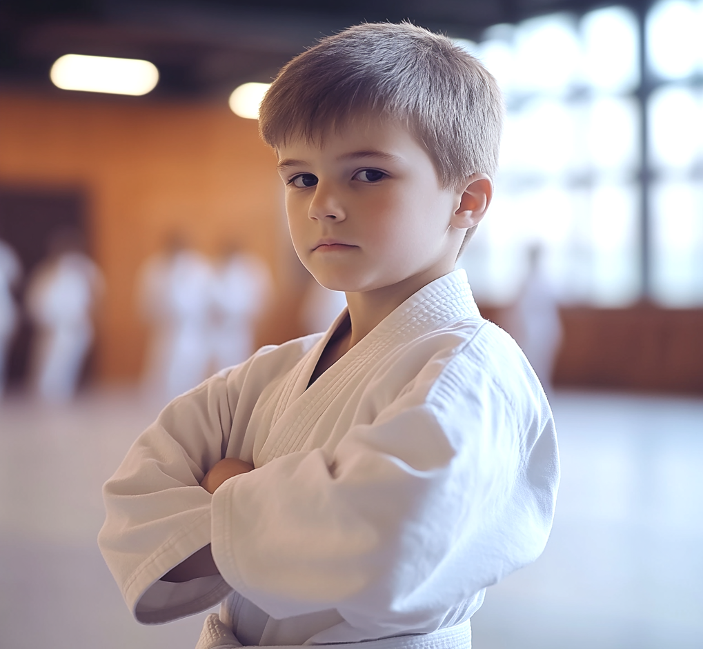A young boy in a white karate uniform is standing with his arms crossed.
