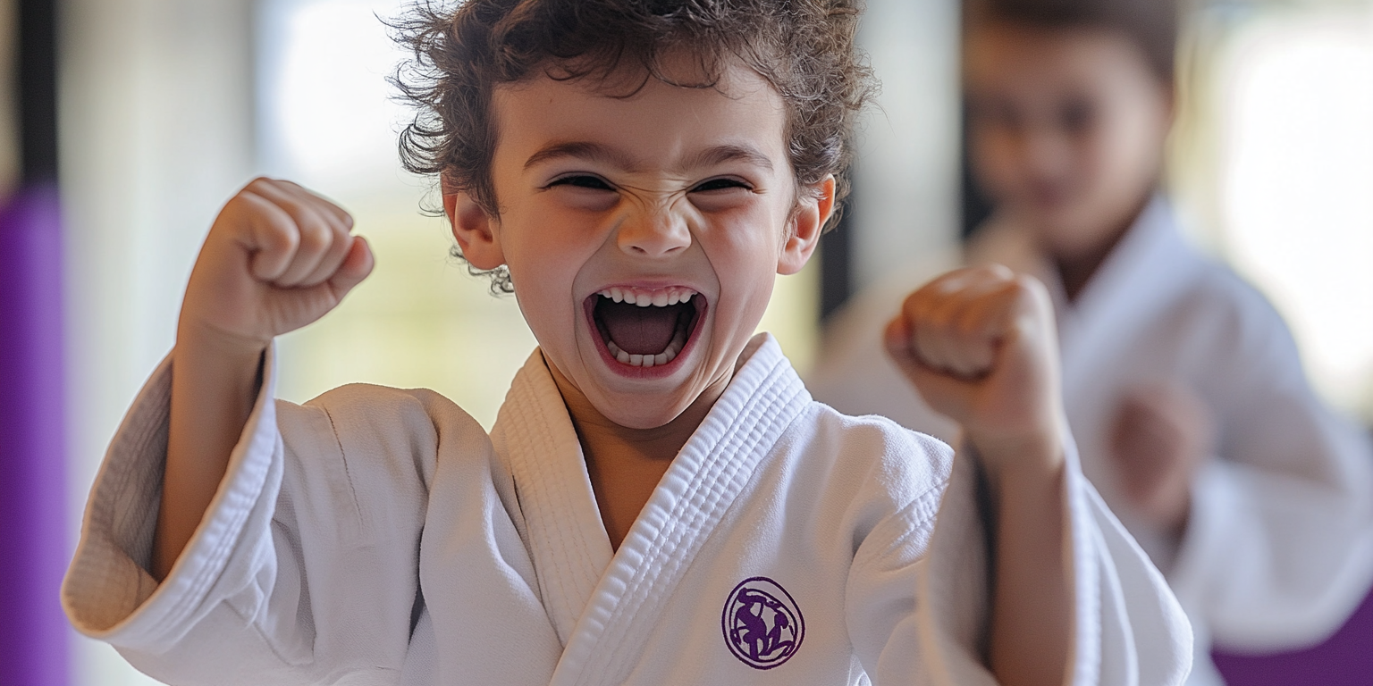 A young boy in a karate uniform is making a funny face.