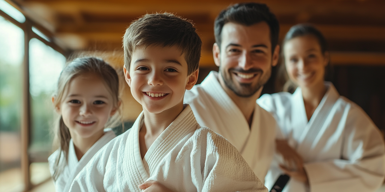 A family is posing for a picture while wearing karate uniforms.
