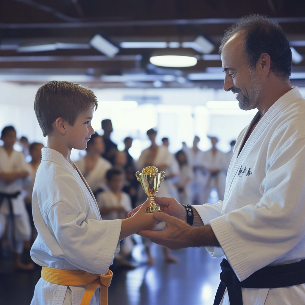 A man is giving a trophy to a young boy