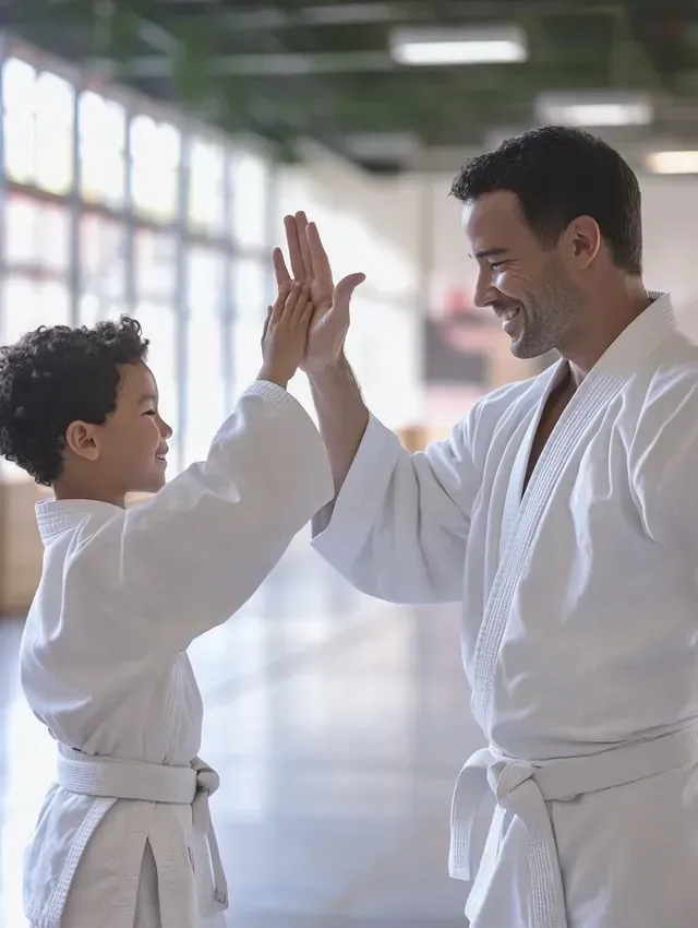 A man and a boy are giving each other a high five in a gym.