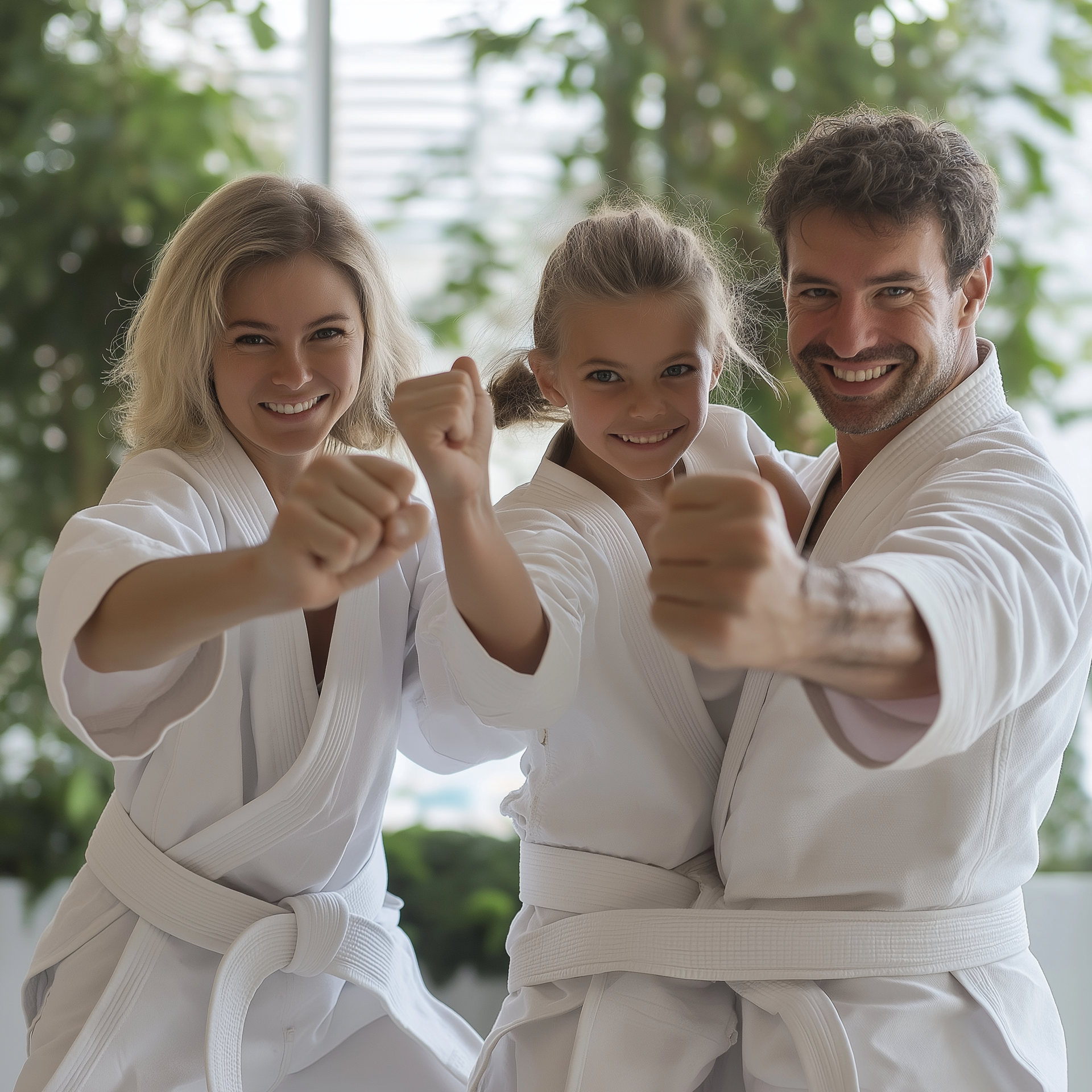 A family is practicing karate together in front of a blackboard.