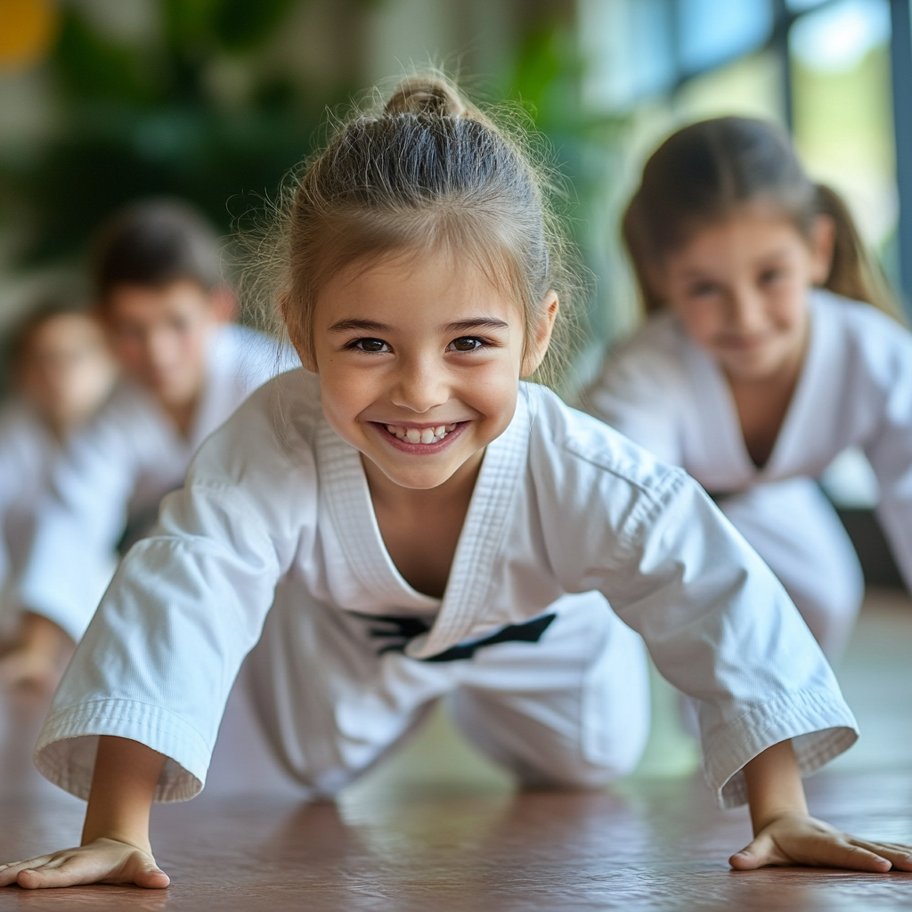 A little girl in a karate uniform is crawling on the floor and smiling.
