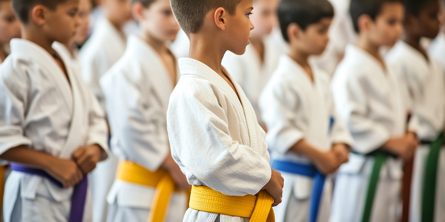 A group of young boys in karate uniforms are standing in a line with their arms crossed.