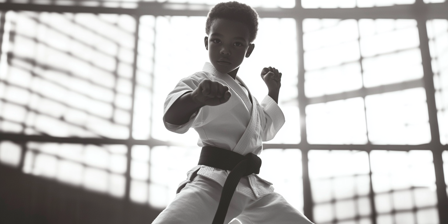 A young boy is practicing karate in a gym.