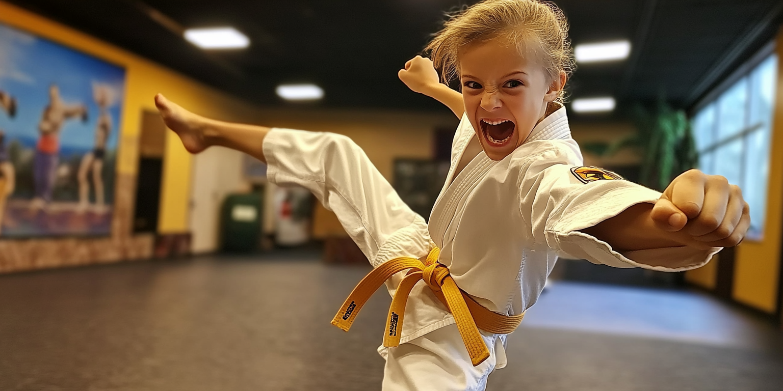 A young girl in a karate uniform is kicking in a gym.