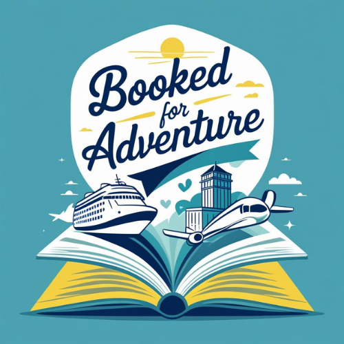 &ldquo;Booked for Adventure&rdquo; logo with an open book, cruise ship, train, and city skyline in blue and yellow