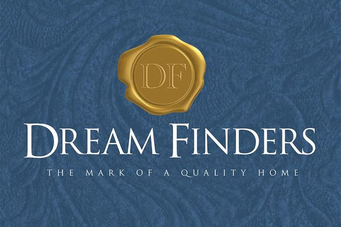 The Dream Finders logo features a gold wax seal with the letters "DF" over a blue, textured background.
