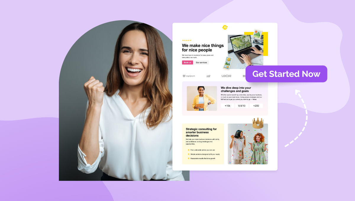 Woman celebrating with fist raised beside a website mockup featuring user interface and a