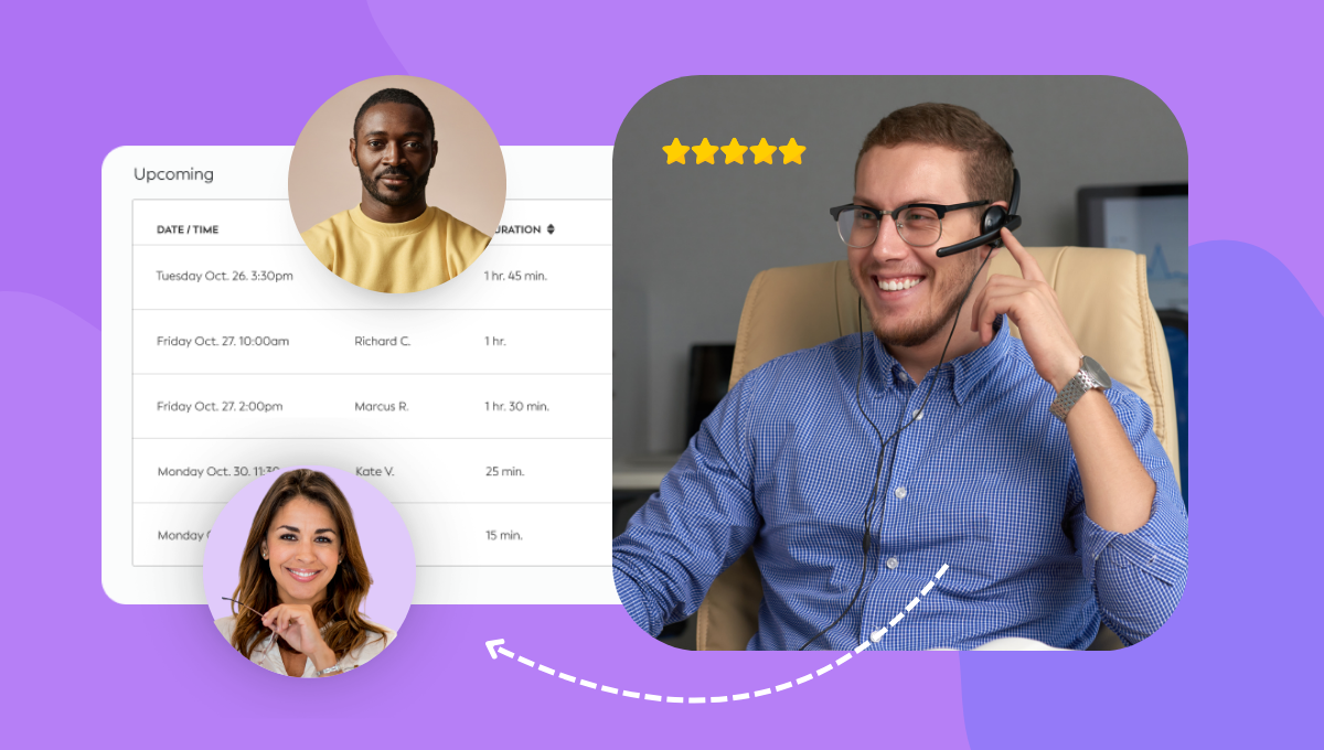 A person wearing a headset smiling next to a customer satisfaction table. Two user profile images are shown.