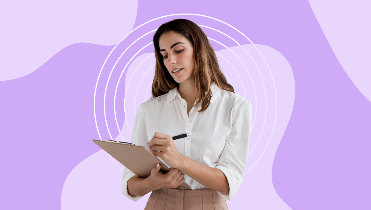 Woman in white shirt writing on clipboard, against a purple background with white circles.
