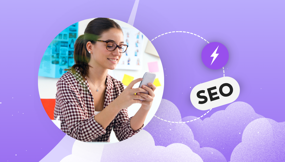 Woman in glasses using phone, with SEO and a lightning bolt icon, set against a purple backdrop.