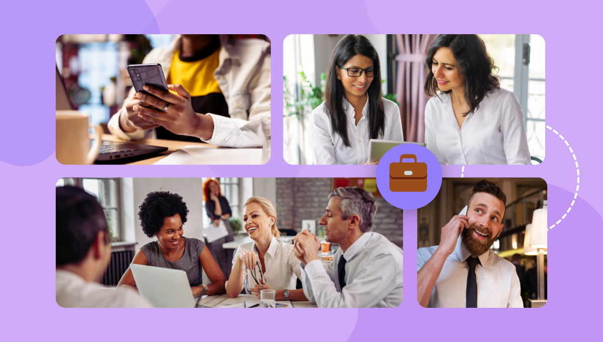 People in office settings using phones, discussing ideas, and working on computers.