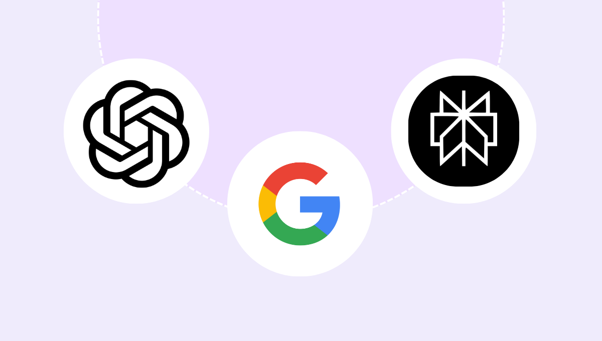 Logos of ChatGPT, Google, and Perplexity in white circles, linked on a light purple background.