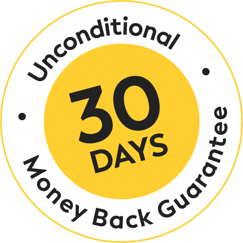 A yellow circle with the words `` unconditional money back guarantee '' written inside of it.