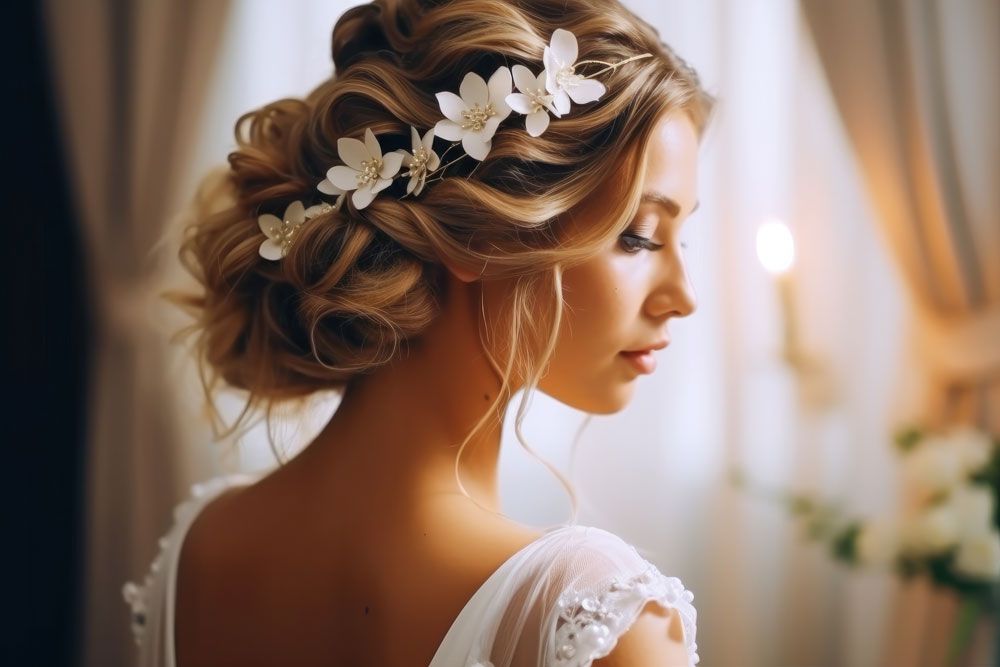 A woman in a wedding dress with flowers in her hair.
