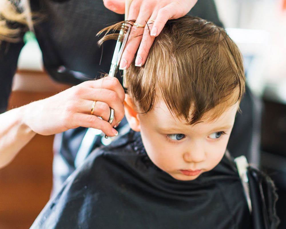 A little boy is getting his hair cut by a hairdresser