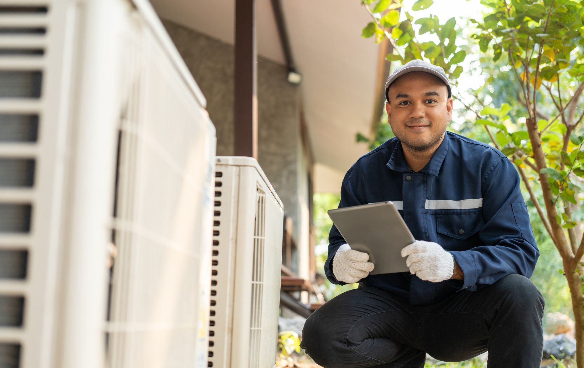 HVAC technician in blue uniform, inspecting an AC unit, holding a tablet, smiling.