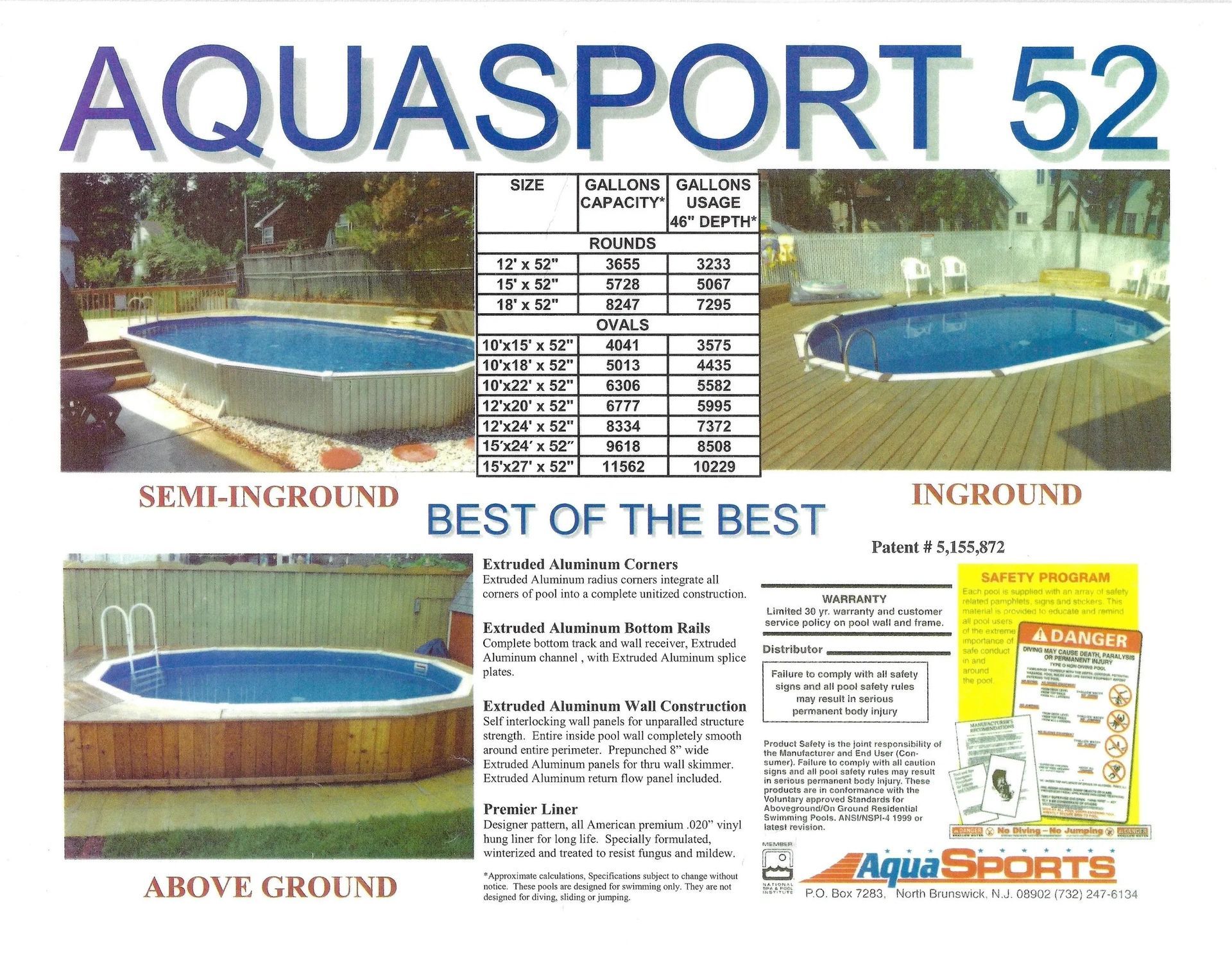 An advertisement for aquasport 52 semi-inground and inground pools