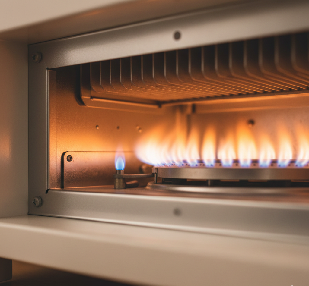 Gas flames burning inside a commercial oven with a metal interior.